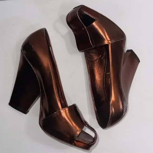 Yves Saint Laurent YSL Basket Orange Bronze Leather Designer Heels Sandals 37.5 - Picture 2 of 15